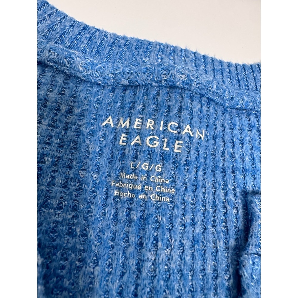 American Eagle Outfitters Top Womens L Blue Notch Neck Raglan Sleeve Waffle Knit - Picture 4 of 8